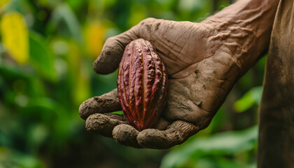 Close-up of a Cocoa Farmer s Hands Holding a Cacao Pod in Lush Plantation. Concept of cocoa production, agriculture, ethnic diversity, sustainability, and tropical farming