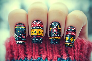 Hand showing colorful nail designs with patterned art and sweater