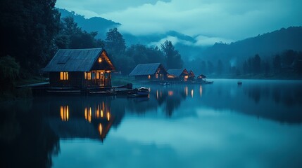 Fototapeta premium Misty lakefront cabins at twilight