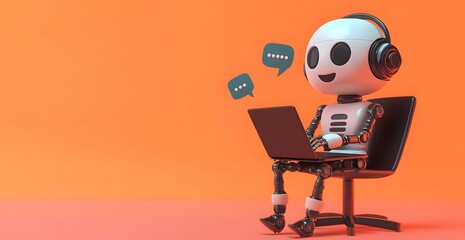 Chatbot's digital work: A cheerful robot, adorned with headphones, engrossed in operating a laptop amidst an orange background.