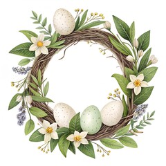 Watercolor spring wreath with eggs, white flowers and green leaves on white background.