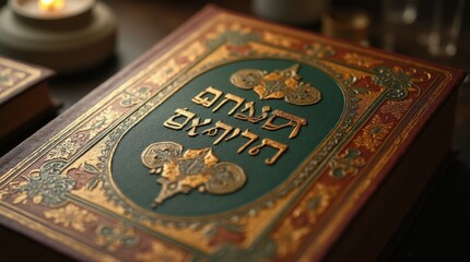 Close-up of a prayer book with ornate cover, highlighting its significance in Jewish rituals and daily prayers, a treasured item for worshippers.