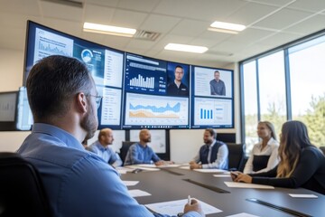 A remote leadership team participating in a quarterly review, with key metrics, employee performance data, and strategic goals displayed on virtual screens in a digital conference room.