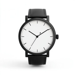 A minimalist black and white wristwatch, a timeless classic design, exuding understated elegance with a sleek black leather strap and clean, simple face.