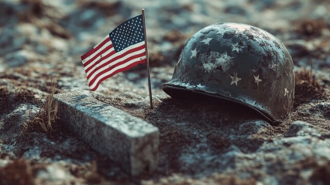 A weathered helmet and flag honor a military veterans sacrifice