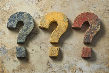 Three stone question marks, blue, yellow, red, on textured beige background, symbolizing uncertainty or choices, ideal for concept or design