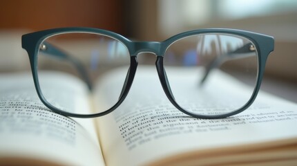 Close-up of reading glasses resting on an open book, highlighting the clear lenses and stylish frame