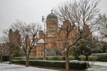 Chernivtsi National University Three Hierarchs Church in winter, Ukraine.