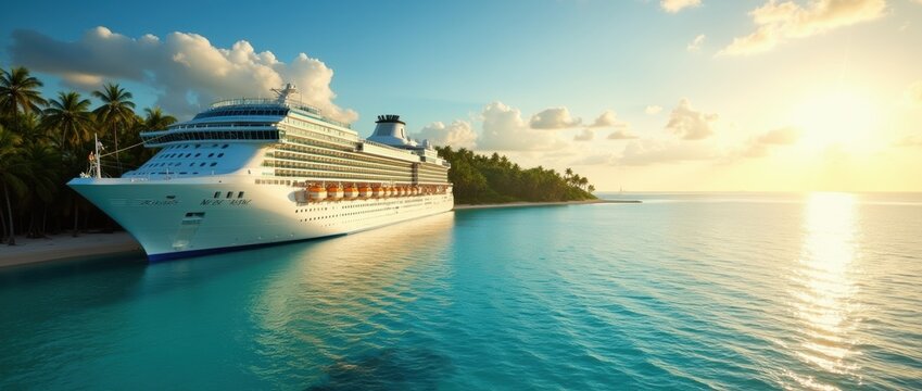 A cruise ship docked near a tropical island with palm trees and a beach in the background, warm sunset lighting, great for travel and vacation advertisements.