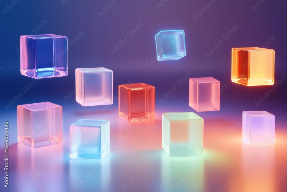 Poster Futuristic minimalistic design with colorful 3D cubes floating in soft reflections and vibrant neon gradients at a serene backdrop