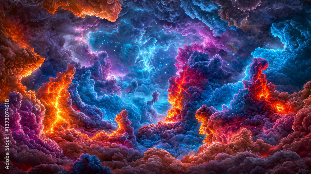 Poster a colorful cloud filled with fiery flames creating an ethereal and whimsical atmosphere in a fantasy