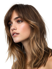 Close-up portrait showing a young woman's Long Layered hairstyle, isolated on a transparent background