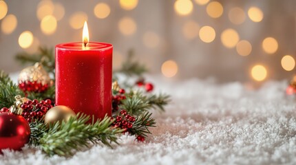 Red candle burning among holiday decorations on snow with blurred warm lights in background. Christmas celebration, winter festive mood. Ai generative