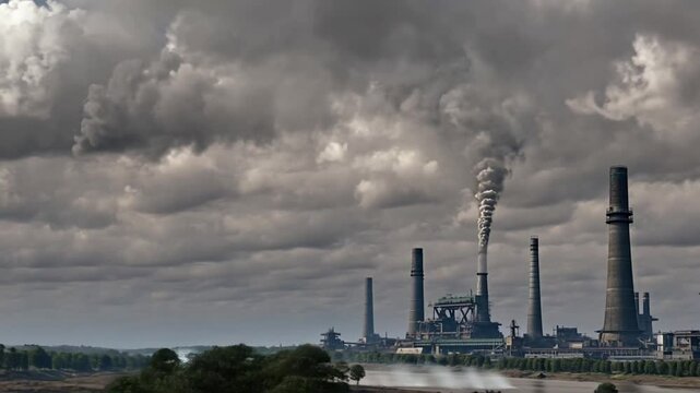 Plano general de f&aacute;bricas industriales que expulsan humo denso y oscuro hacia un cielo nublado y gris. Contaminaci&oacute;n. Enormes chimeneas refineria y maquinaria industrial dominan el paisaje.