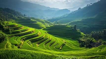 Green rice terraces cascade down a hillside with mountains in