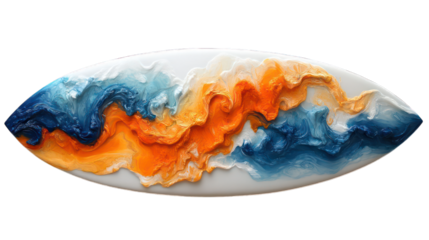 Surfboard with vibrant orange and blue swirls on a white background