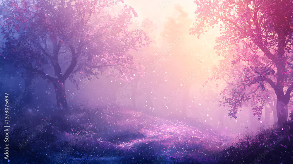 Poster a vibrant forest filled with lush trees and colorful flowers under soft ambient glow inviting explor