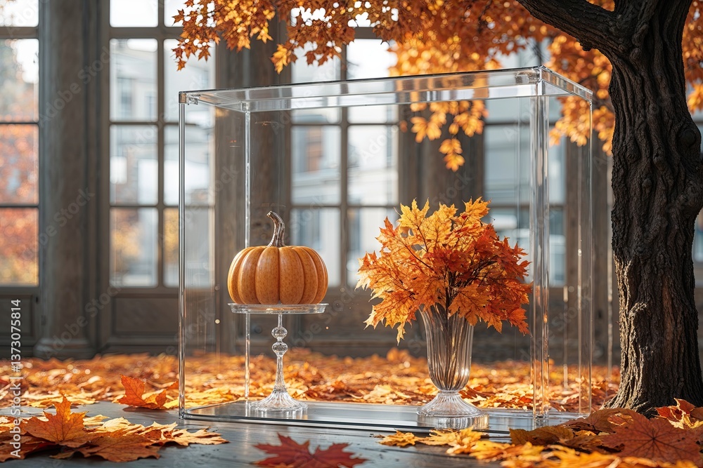 Poster sophisticated autumn backdrop with transparent tabletop for product showcase and display