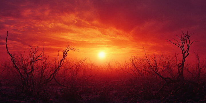 Fiery sunset landscape, silhouettes of leafless trees against a vibrant orange and red sky, conveying a dramatic and intense mood, ideal for mood boards or atmospheric backgrounds
