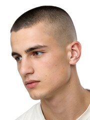 Obraz premium Close-up portrait showing a young man's Crew cut hairstyle, isolated on a transparent background