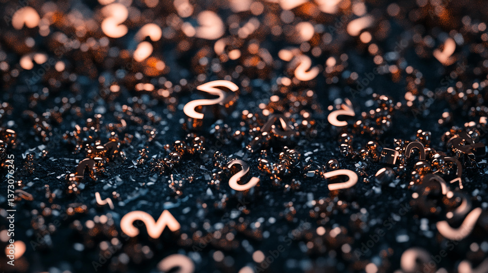 Aufkleber Scattered metallic question marks on dark textured surface, creating abstract background suitable for various concepts like mystery, inquiry or problem-solving