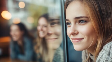 Inspiring friendship moment with young women smiling and reflecting at cafe
