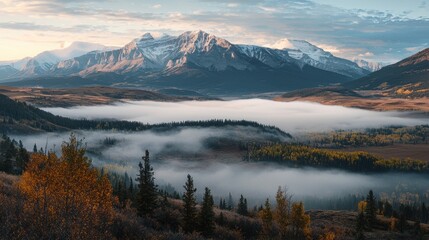 A mountainous vista with fog rolling over the landscape, captured during the early morning in a remote, peaceful location.