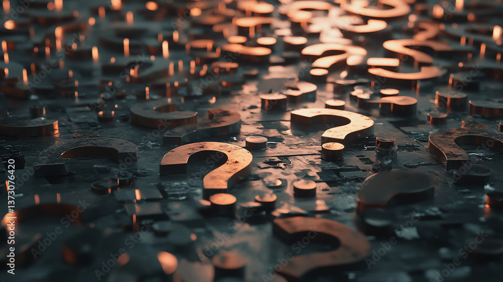 Poster numerous metallic question marks scattered on a textured surface, illuminated by warm light, suggest