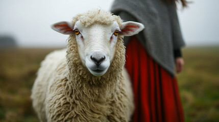 Fototapeta premium Close-up of sheep with thick, light-beige fleece, bright eyes, and pinkish ears, showcasing farm animal portrait, symbolizing gentleness and rural life