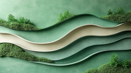 Abstract Green Landscape with Wavy Textures and Lush Foliage Design