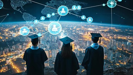 Graduates overlooking a vibrant cityscape at night, symbolizing global connectivity and future opportunities