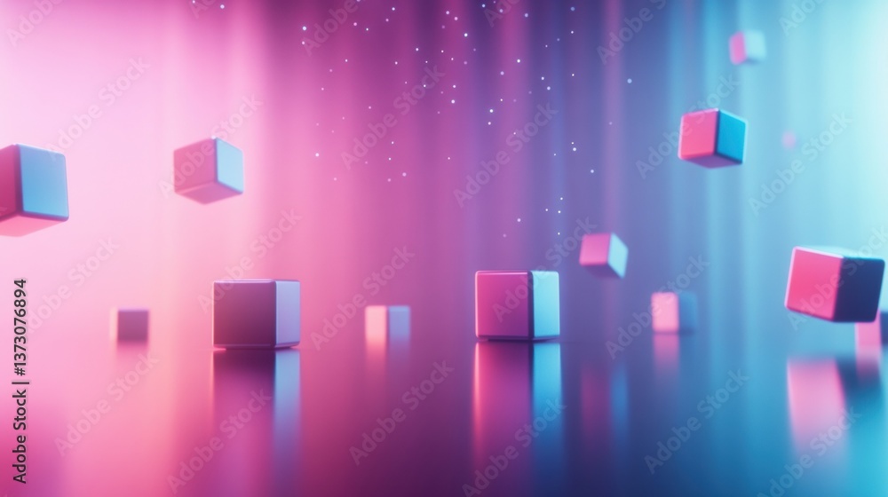Poster Futuristic minimalistic background showcasing colorful 3D cubes with vibrant neon gradients and soft reflections in a serene digital landscape
