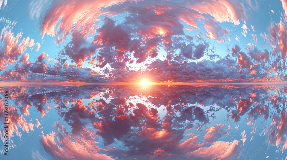 Poster gorgeous sunset with a stunning reflection over calm waters and ethereal clouds creating a magical e