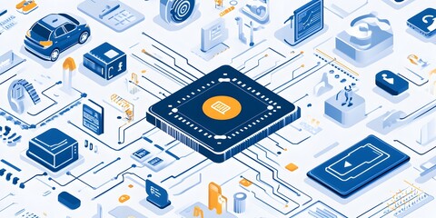 Digital Connectivity: An illustrative depiction of interconnected digital devices forming a complex network, symbolized by a central processor.