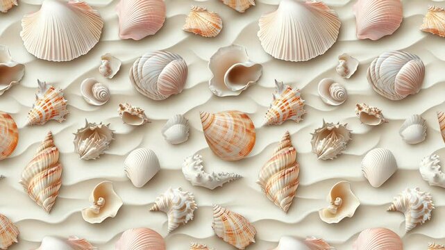 Repeating animation of seashells on white background.