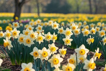 Fototapeta premium Golden Daffodils in Sunlight Blooms of a Colorful Spring Field