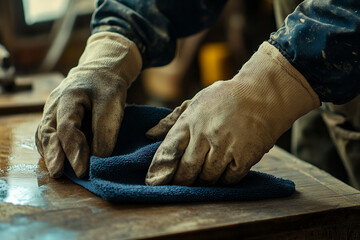 Close-up of hands in work gloves polishing a wooden surface with a cloth, showing detail and texture, representing craftsmanship and dedication to detail