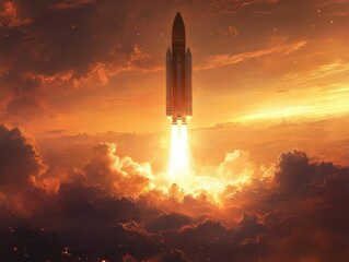 Rocket launch fiery sunset cloudscape breathtaking ascent