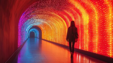 Woman walks vibrant light tunnel, colorful arches.