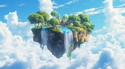 Spectacular floating island with castle, waterfall, and lush trees surrounded by clouds and flock of birds