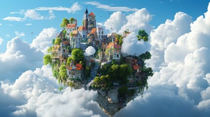 Whimsical Floating Island Cityscape Amongst the Clouds, a Dreamlike Blend of Nature and Architecture