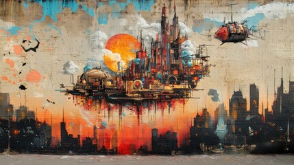 Obraz premium Urban Steampunk Metropolis Mural with Flying Vessel and Atmospheric Sunset, an Artistic Impression