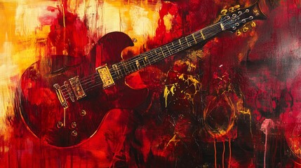 Fototapeta premium Electric guitar against a fiery red and orange abstract background.