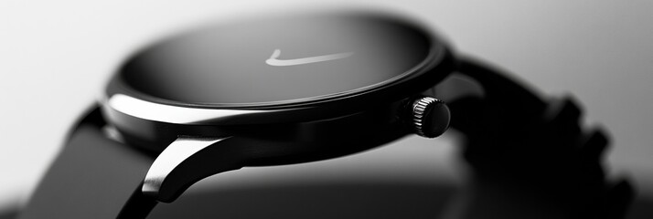 Close-up of a modern smartwatch showcasing a clean monochrome watch face with sleek design in a high-tech setting