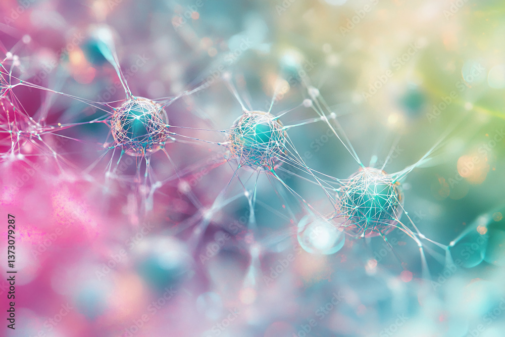 Poster Abstract image of interconnected nodes, pastel teal and pink hues, suggesting neural network or connection, ideal for science, technology or network concepts