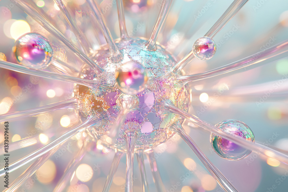 Aufkleber Abstract image of iridescent glass spheres connected by transparent rods, creating delicate and intricate structure symbolizing connection, fragility and light, suitable for science or design concept