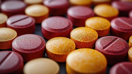 Obraz premium Macro photography of red and yellow round tablets in blister packs with realistic textures – perfect for pharmaceutical catalogs, supplement packaging or clinical use illustrations