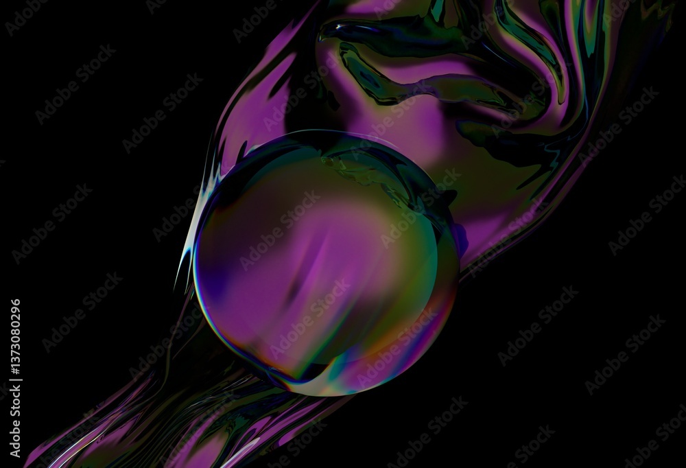 Poster 3d illustration of a dark, iridescent wave encircling a reflective sphere, set against a black backg