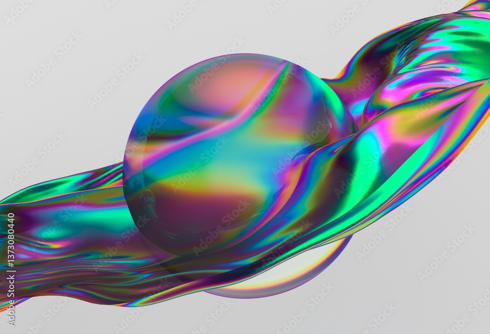 Poster Mesmerizing 3D illustration featuring an iridescent wave flowing around a translucent sphere, showcasing vibrant colors in a surreal composition.