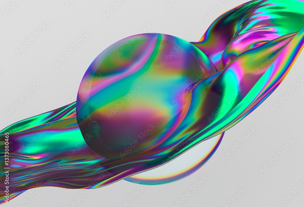 Aufkleber Vibrant 3D illustration showcasing a swirling iridescent wave enveloping a translucent sphere, creating a dynamic and futuristic visual effect.